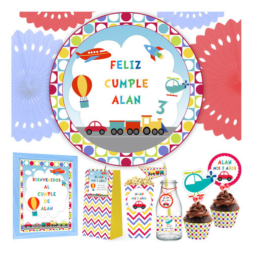 Kit Imprimible Medios De Transporte + Banner Fondo Mesa Dulc 0