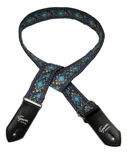 Correa Tijuana Jacquard 5 Cm Fondo Negro Flor Azul 0