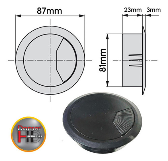 Pasacable De Escritorio 80mm Tapa Con Resorte Negro 1