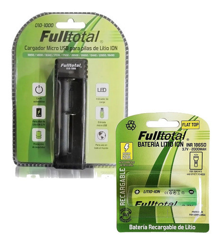 Bateria Fulltotal 18650 Sin Tetón 2000mah +cargador Usb Led 0