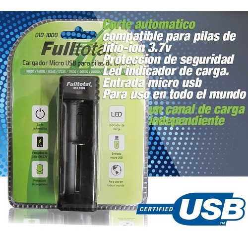 Bateria Fulltotal 18650 Sin Tetón 2000mah +cargador Usb Led 1