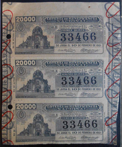 Boletos De Loteria Nacional De 1921.tres Quintos. 0
