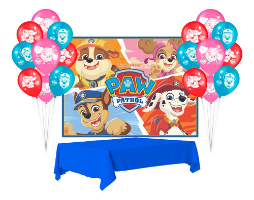 Kit Festa Patrulha Canina Toalha Azul + 25 Balões+ Painel Gg 0
