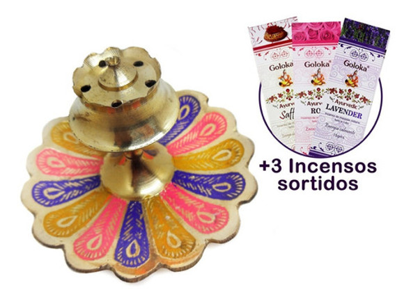 Porta Incenso Metal Flor De Lotus Colorido + 3 Cx Incensos 1