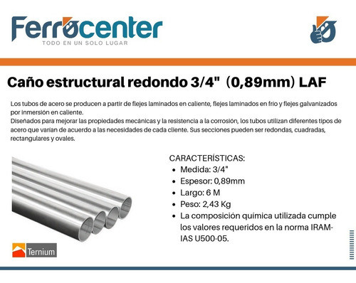 Tubo Estructural Redondo 3/4'' (esp 0,89mm) - 6 Mts De Largo 1