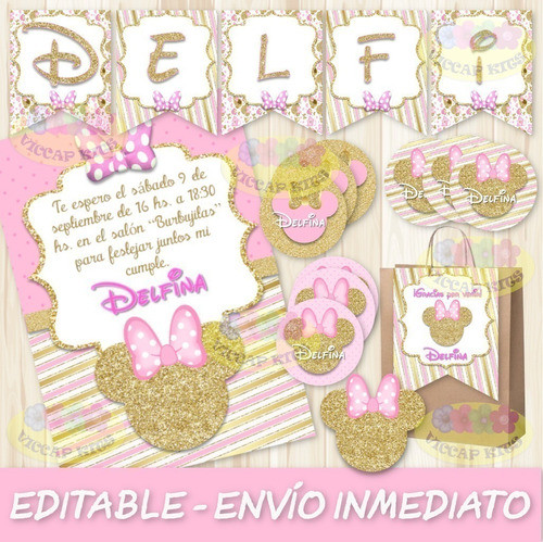 Kit Imprimible Minnie Glitter Dorado Editable Deco Candy Bar 1