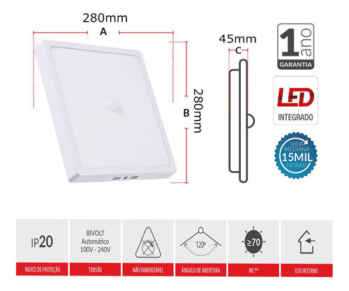 Painel Pop Sensor Quadrado Sobrepor 24w 6500k Bivolt Avant 1