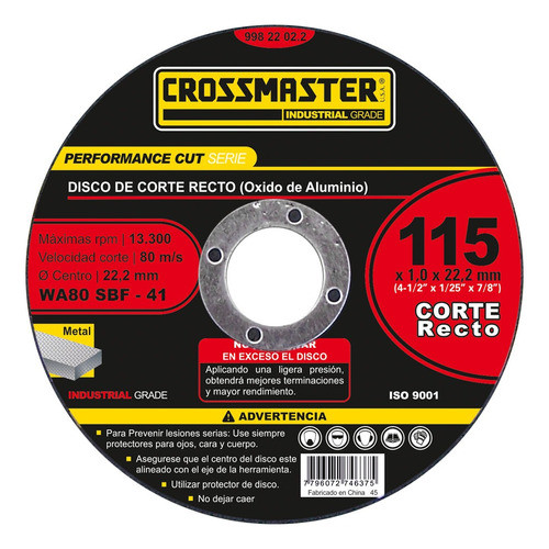 Disco De Corte Recto 115x1,6x22,2mm Para Metal Crossmaster 0