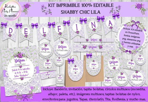 Kit Imprimible Candy Bar Shabby Chic Lila100% Editable 1