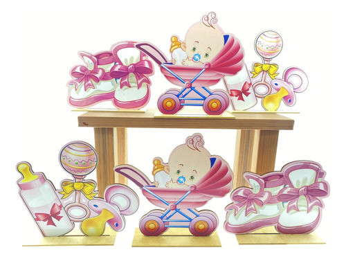 Kit Display De Mesa 6 Peças Para Festa Chá De Bebê Rosa Mdf 0