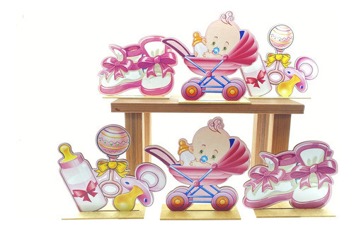 Kit Display De Mesa 6 Peças Para Festa Chá De Bebê Rosa Mdf 1