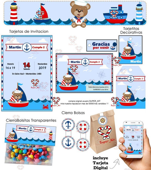Kit Imprimible Osito Nautico Marinero Editable 1