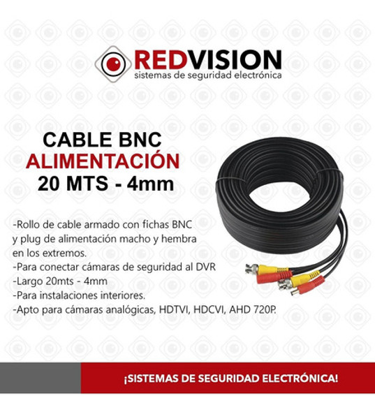 Cable Armado Bnc Alimentación 20m Metros 4mm + Ficha Empalme 1