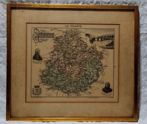 Antiguo Grabado Mapa Francia Sarthe Enmarcado 0