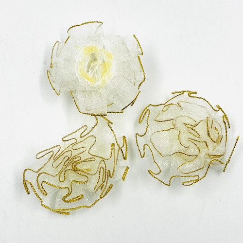 Aplique Tecido Flor Branco Com Dourado 55x40mm 10pç 14g 1