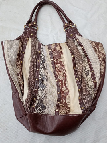 Cartera Cuero Combinada Con Marrón Y Beige Con Manijas 1