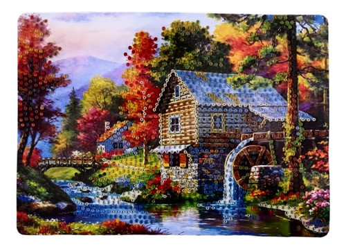 Pintura Por Diamantes Cuadro 15x21 Cabaña Al Arroyo 0