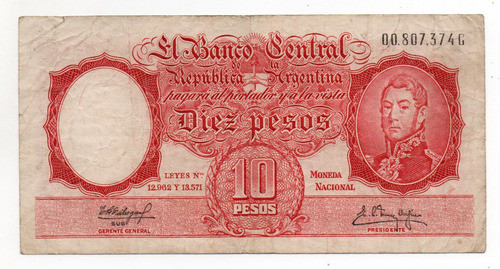 Billete Argentina 10 Pesos Moneda Nacional Bottero 1971 0