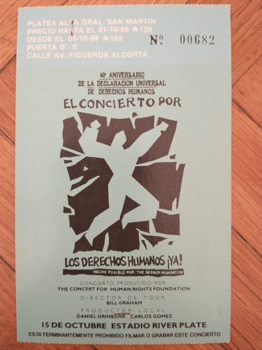 Ticket Original Concierto 1988 Amnesty International 0