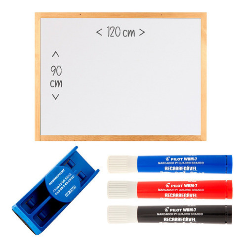 Lousa Branca 90x120 Madeira Apagador +3 Canetas Pilot Brinde 0