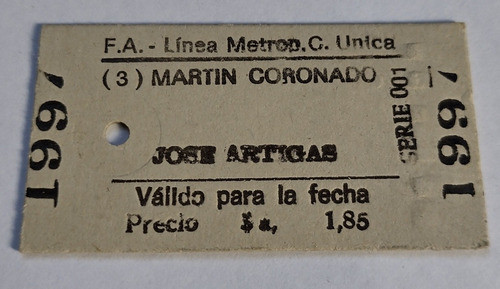 Boleto Ferrocarril Urquiza De Martin Coronado A Artigas 0