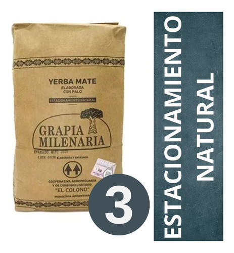 Yerba Mate Grapia Milenaria 3 X 1 Kg - Elaborada Con Palo 0