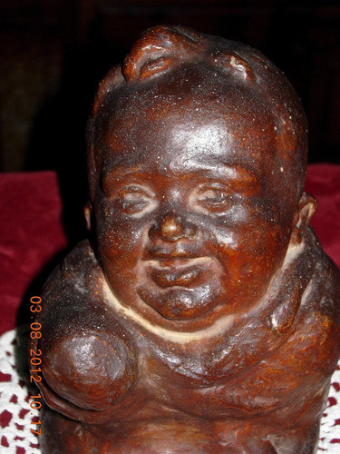 Hermosa Figura Antigua De Niño Bebe En Terracota Firmada 0