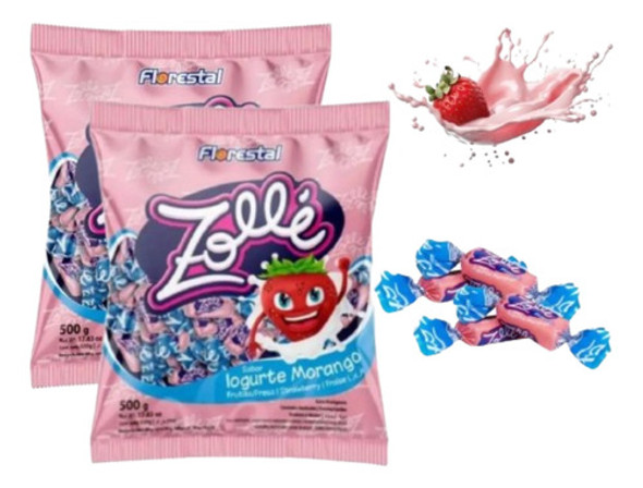 Kit 2 Bala Mastigável Zollé Iogurte Morango 500g Florestal 0