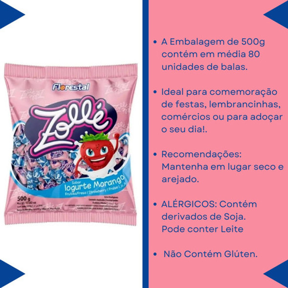 Kit 2 Bala Mastigável Zollé Iogurte Morango 500g Florestal 1