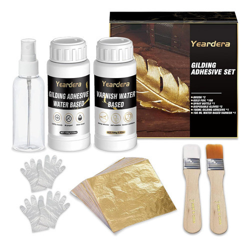 Kit De Hoja De Oro Adhesivo Acuoso 100ml Y Barniz 100ml Para 0