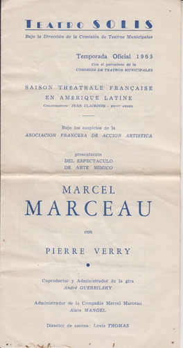 1965 Teatro Solis Programa Mimo Marcel Marceau En Montevideo 0