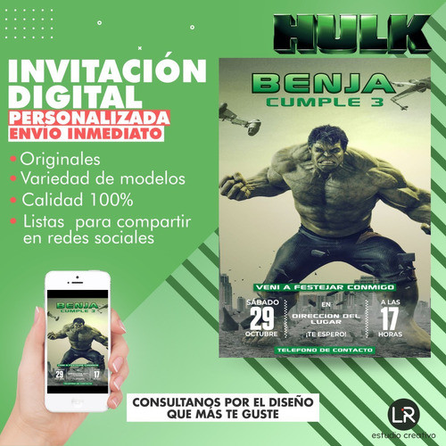 Invitación Digital Cumpleaños Tarjeta Virtual - Hulk 0