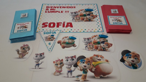 Combo Cumpleaños 44 Gatos Cartel Stickers Banderines Deco 0