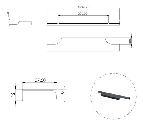 Kit 06 Puxadores Atenas 300mm Preto Fosco 4435 Torralba 1