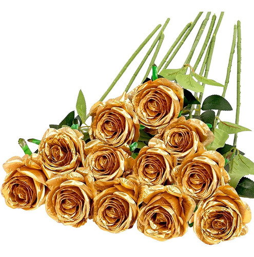 12 Rosas De Seda Artificiales Con Tallo Largo - Dorado 0