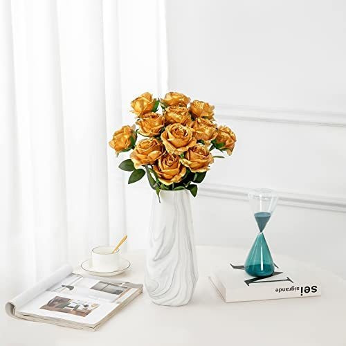12 Rosas De Seda Artificiales Con Tallo Largo - Dorado 1
