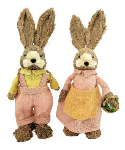 Casal De Coelho De Palha Salmão 38/39cm Decoração De Páscoa 0 Casal De Coelho De Palha Salmão 38/39cm Decoração De Páscoa 0