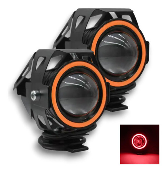 Kit X2 Faros U7 Proyector Lupa Moto Ojo De Angel Rojo A-vip 0