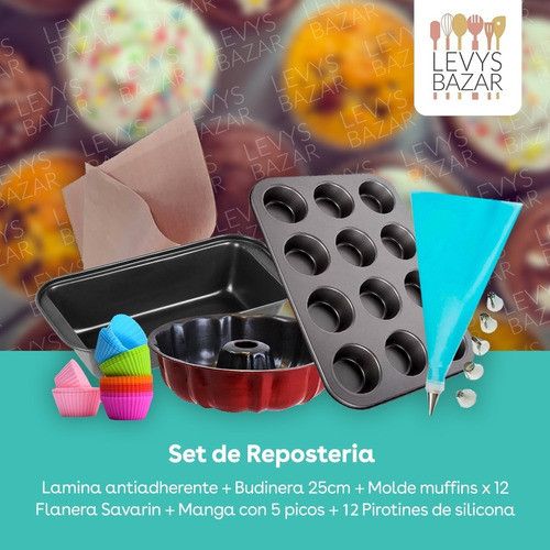 Set Kit Reposteria Muffins Budinera Flanera Teflon Manga 1