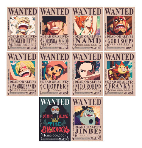 10x Cartel Wanted Mugiwara  One Piece  - Set De Imanes 0