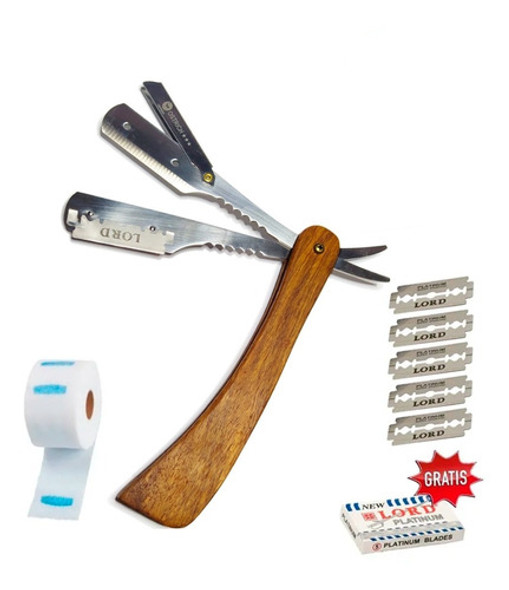 Kit Navalhete Inox Cabo Madeira + Gola Higienica + 5 Laminas 0