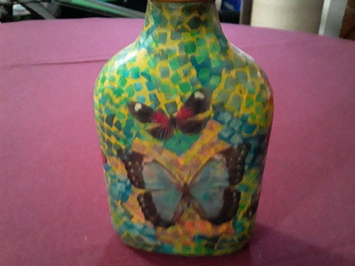 Antigua Petaca Vidrio Decoracion Tecnica Decoupage Mariposas 1
