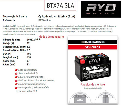Batería Btx7a = Ytx7a-bs Mondial Scooter 150 Bs Battery Ryd 1