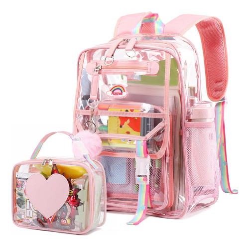 Mochila Escolar Transparente Con Lunchera Fixitok Rosa 0