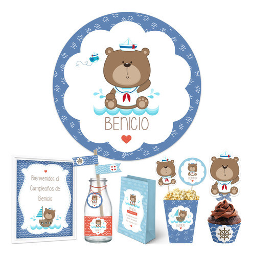 Kit Imprimible Osito Marinero + Banner Circular Personalizad 0