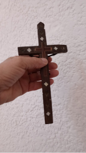 Cruz Antigua De Madera Y Bronce 1