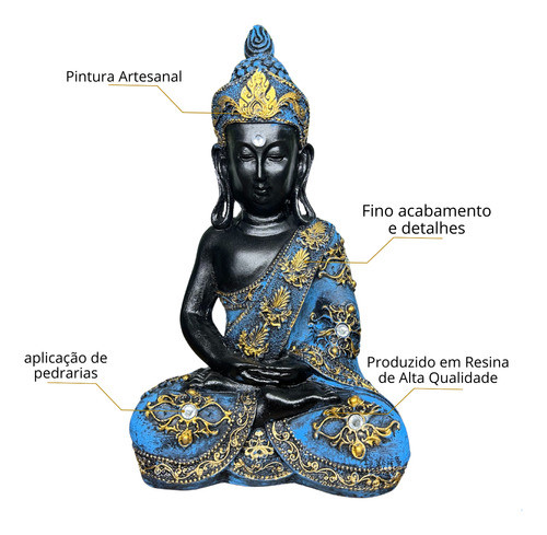 Buda Hindu Tailandês Tibetano Sidarta Em Resina Azul 27cm 1