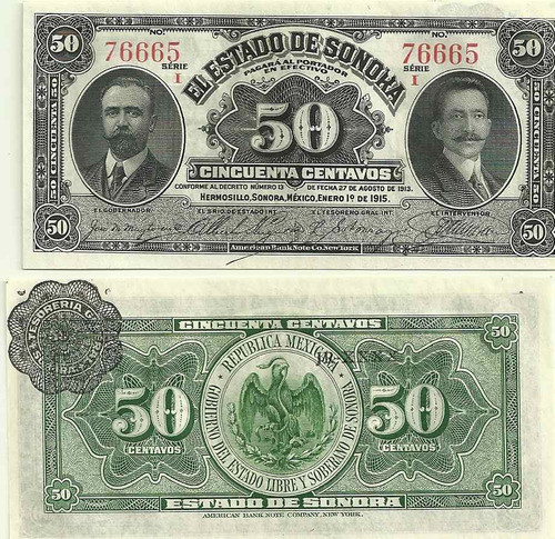 2 Billetes Mejico Estado De Sonora 25 Y 50 Centavos Año 1915 1