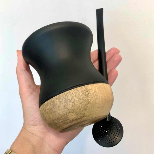 Kit Com Cuia De Madeira + Bomba Preto Fosco 1