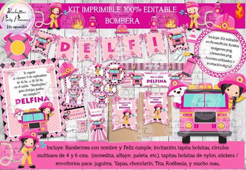 Kit Imprimible Candy Bar Bombera Rosa 100% Editable 1